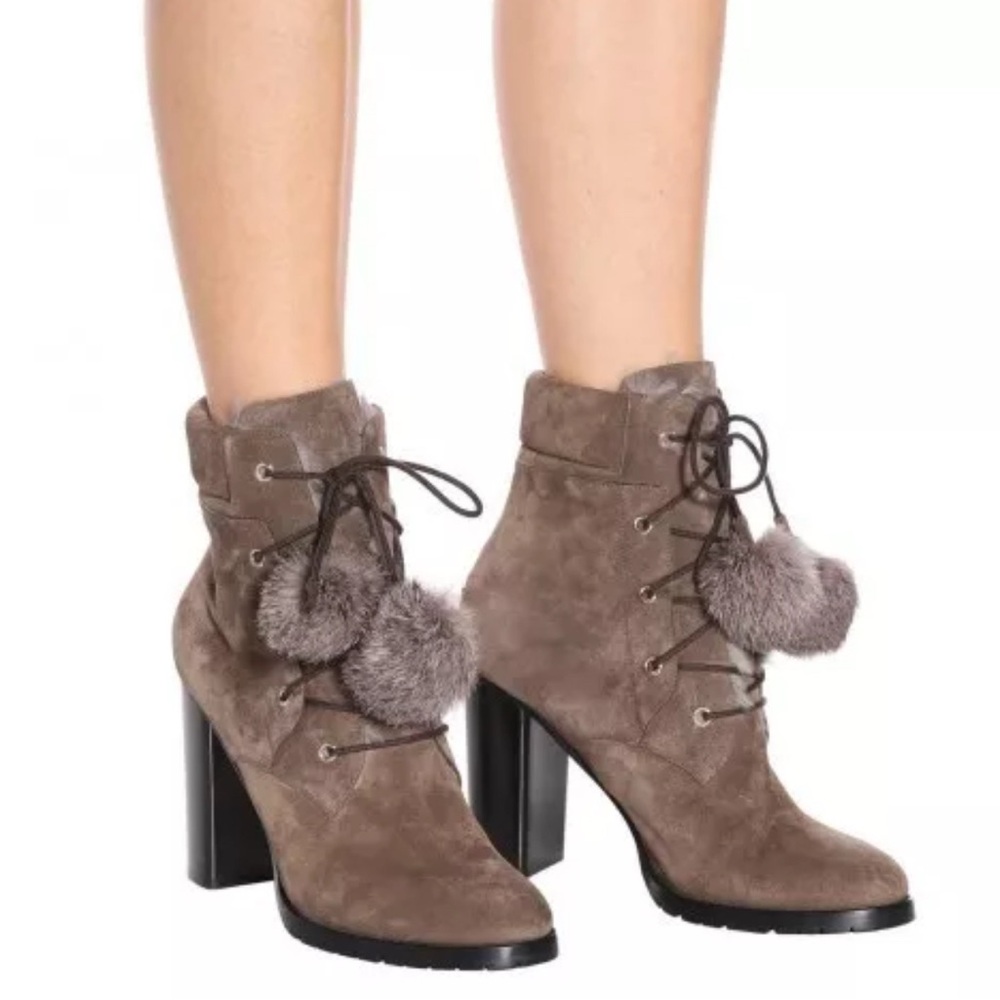 JIMMY CHOO ELBA Pom Pom Genuine Rabbit Fur Ankle Boot Mink Suede size 39.5